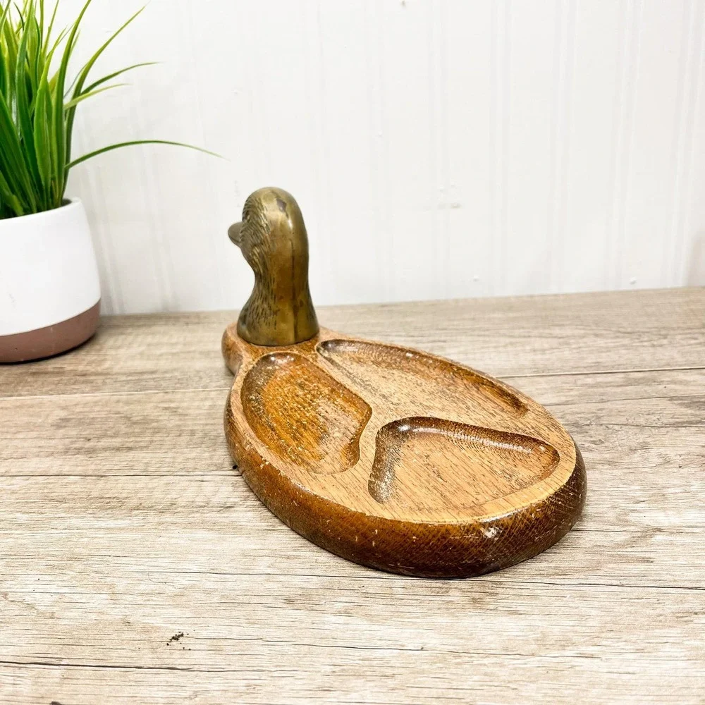Vintage Brass Duck Tray: Wood Catch All Tray Valet Organizer